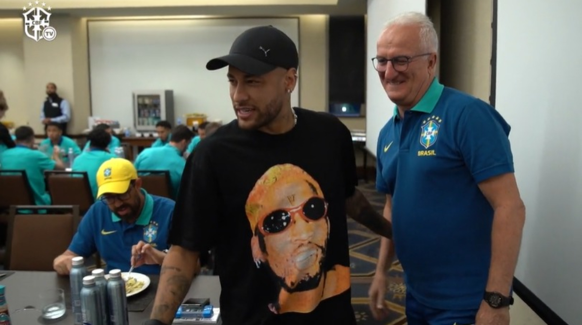 Neymar e Dorival Jr. se encontram antes de jogo da Seleção Brasileira