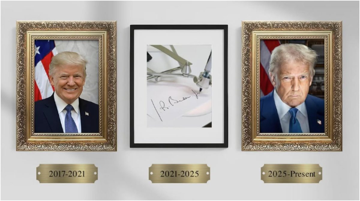 foto oficial de Biden substituída por uma imagem do nome do democrata sendo assinado por uma máquina