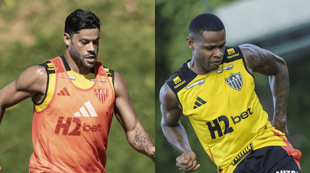 Hulk e Júnior Santos durante treino do Atlético na Cidade do Galo