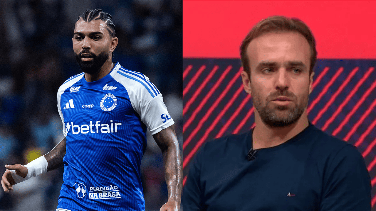 Gabigol durante partida pelo Cruzeiro e Roger Flores, durante programa do SporTV