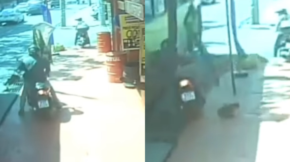 vídeo do momento em que a moto vai parar ao lado de ônibus