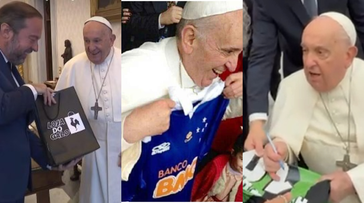 papa francisco segurando camisas do galo, cruzeiro e américa