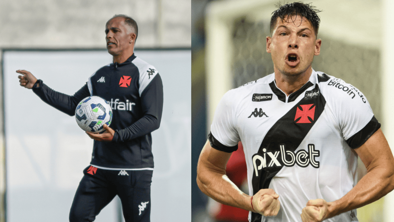 Técnico do Vasco, à esquerda, e Manuel Capasso, à direita, ambos com camisa do clube