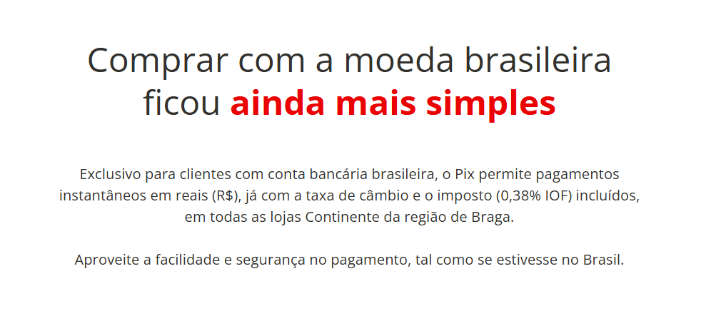 print do site do supermercado Continente que fala sobre a modalidade de pagamento Pix