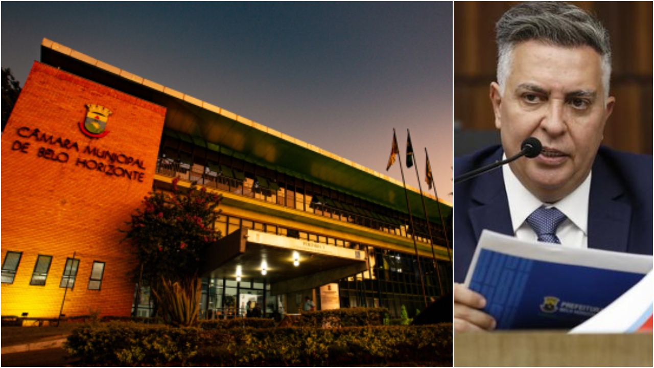 À direita, uma imagem da Câmara Municipal ao pôr do sol. À esquerda, uma imagem em close do Prefeito de BH, Álvaro Damião