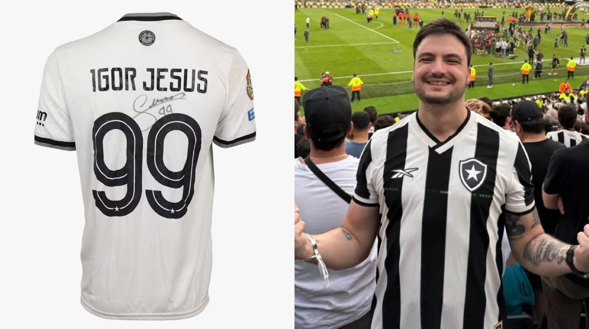 Camisa do Botafogo com o número 99 e o nome de Igor Jesus e, ao lado, Felipe Neto com camisa do Botafogo