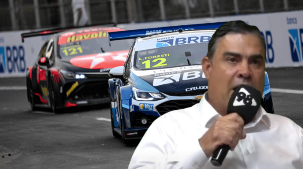 Organizador do BH Stock Car Festival, Sérgio Sette Câmara. Ao fundo, uma cena da competição.